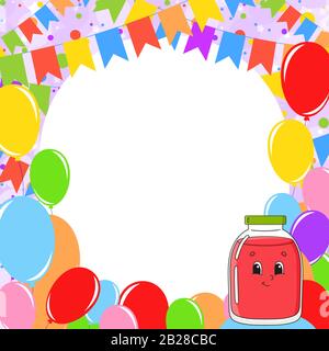 Geburtstag Grußkarte mit einem netten cartoon Charakter. Kopieren mit Platz für Ihren Text. Bild auf dem Hintergrund der hellen Luftballons, Konfetti und Stock Vektor