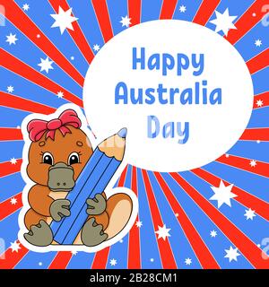 Grußkarte mit quadratischer Farbe. Happy Australia Day. Süße Cartoon-Schnabeltiere halten einen Bleistift in den Pfoten. Januar. Lustiger Charakter. Vektorgrafiken Stock Vektor