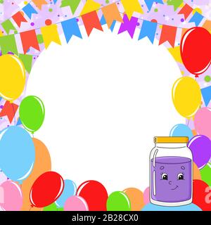 Geburtstag Grußkarte mit einem netten cartoon Charakter. Kopieren mit Platz für Ihren Text. Bild auf dem Hintergrund der hellen Luftballons, Konfetti und Stock Vektor