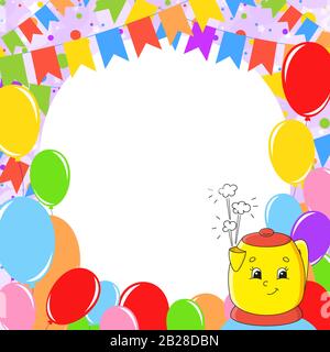 Geburtstag Grußkarte mit einem netten cartoon Charakter. Kopieren mit Platz für Ihren Text. Bild auf dem Hintergrund der hellen Luftballons, Konfetti und Stock Vektor