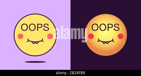 Emoji-Gesichtssymbol mit Ausdruck "Oops". Alberne Emoticon mit Text-Oops. Satz Cartoon-Gesichter, Emotionssymbol für die Kommunikation in sozialen Medien, lustiger Aufkleber und Stock Vektor