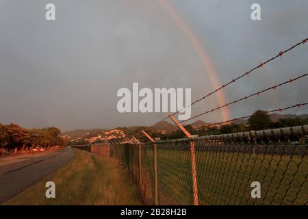 Sonnenuntergang und Regenbogen eine schöne Kombination, die einen kupfernen, rötlichen Farbton auf den Stämmen der weißen Zedernbäume am Vigie-Strand an der Flughafenfernstraße wirft. Stockfoto