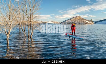 Männliche Paddler in einem Trockenanzug und einer Schwimmweste paddeln im Winter auf einem See in Colorado - Horsetooth Reser - ein langes Rennstativ auf dem Paddleboard Stockfoto