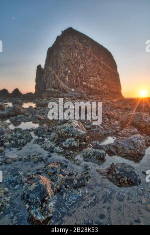 Sonne untergeht über dem Pazifischen Ozean in der Nähe des Haystack Rock in der Nähe von Cannon Beach an der Küste von Oregon mit der Flut weit draußen und dem Barnacle bedeckt Felsen expos Stockfoto