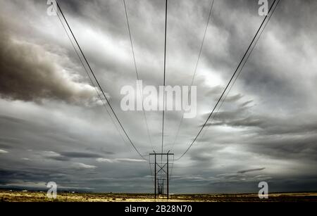 Tall unterstützte Machtlinien, die durch die hohen Wüstenebenen unter einem grauen und stürmischen Himmel laufen Stockfoto