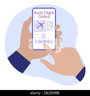Vector Illustration Online-Buchung und -Zahlung für Flugtickets Menschen überweisen Smartphone-Reisen. Sommerzeit, Urlaub. Konzept für das Online-Reisealter Stock Vektor