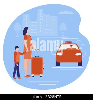 Vector Illustration Menschen mit Koffern, die im Wartetaxi im Urlaub unterwegs sind. Reisen Sommer Zeit, Urlaub Taxi Service Kabine Business Mobile City Transport Stock Vektor