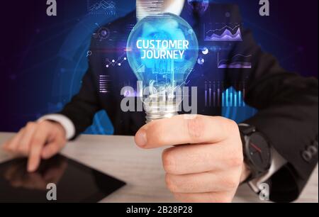 Geschäftsmann mit Glühbirne mit KUNDEN-REISE-Aufschrift, Business Idea Concept Stockfoto