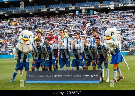 Cornella Del Llobregat, Spanien. März 2020. Barcelona, SPANIEN - 1. MÄRZ: Spieler des RCD Espanyol während des Liga-Spiels zwischen RCD Espanyol und Atletico de Madrid im RCD-Stadion am 01. März 2020 in Barcelona, Spanien. Kredit: Dax Images / Alamy Live News Stockfoto