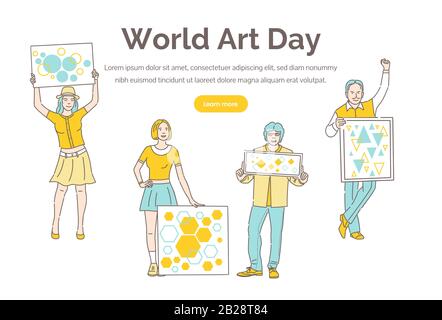 Vorlage für die Landing Page des World Art Day Vector mit Textraum. Cartoon umreißt Figuren, die Plakate mit bunten geometrischen Figuren halten. Gestalterisches und künstlerisches Konzept für die Gestaltung von Weihnachtsbannern. Stock Vektor