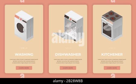 Küchengeräte und Haushaltsgeräte Vektor mobile App-Bildschirme. Waschmaschine, Geschirrspülmaschine, gefüllt mit sauberen Platten und Elektroherd mit Typografie. Stock Vektor