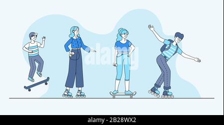 Junge Leute, die mit modernen Stadtfahrzeugen fahren, ein Vektor-Bannerkonzept für persönliche Transportgeräte. Jungen und Mädchen in legeren Kleidungsstücken Reiten Skateboards und Rollskates Cartoon Outline Illustration. Stock Vektor