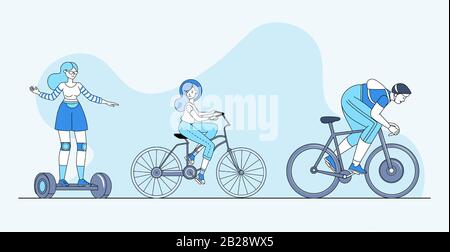 Modernes Vektorbanner für den Personentransport. Junge Leute, die auf persönlichen Transportgeräten, Fahrrädern und selbstausgleichenden Rollern fahren. Umweltfreundliche urbane Räder Cartoon Outline Illustration. Stock Vektor