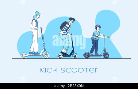 Kick Roller Vector Banner Design mit Textraum. Junge Frau, Mann und Junge, die auf Rollern fahren, Cartoon-Illustration. Moderner Personentransport, umweltfreundliche Fahrzeuge in der Stadt, umreißt das Konzept. Stock Vektor