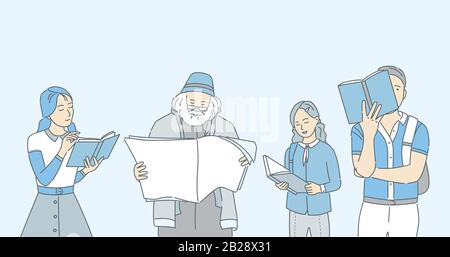 Menschen, die Bücher, Zeitungen und Zeitschriften lesen, vektorielle Illustrationen, isoliert auf blauem Hintergrund. Intellektuelles Hobby, Buchliebhaber, Studenten, die sich auf Prüfungen vorbereiten, Konzept der Umrisse. Stock Vektor