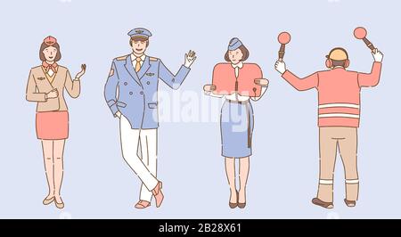 Mitarbeiter von Flughäfen und Fluggesellschaften in einer einheitlichen Darstellung von Vektor-Cartoons. Flugbesatzung, Flugbegleiter oder Stewardess, die Sicherheitsanweisungen, Piloten und Flughafenmitarbeiter anzeigen, die Umrisse anzeigen. Stock Vektor