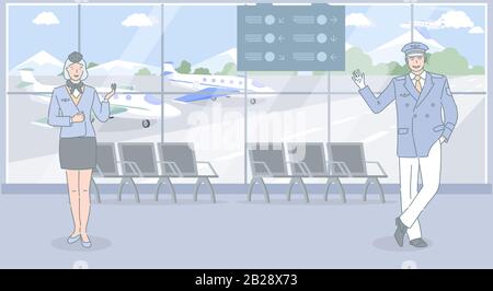Lächelnde Airline- und Flughafenmitarbeiter in Uniform begrüßen Sie auf dem Flug mit Vektor-Cartoon-Illustration. Flugzeugarbeiter, Stewardess und Pilot stehen in Flughafenkonturen. Stock Vektor