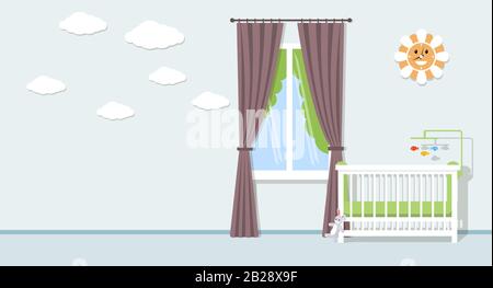Innenbereich der Babyräume Vector Flat Concept. Zimmer mit Babybett, Spielzeug, niedlichen Wolken und lustigen Uhren an den Wänden. Kinderzimmer, Kinderzimmer und Spielzimmerdesign. Stock Vektor