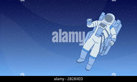 Kosmonaut in einem Raumschiff mit Raumausrüstung, die zwischen Sternen und Planeten im freien Raum läuft. Menschlicher Raumflug, Astronautenvektor-Cartoon-Illustration. Kosmische Wissenschaft - Bannerdesign. Stock Vektor