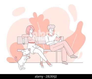 Junge Leute mit ihrem Haustier sitzen auf der Bank Vektor-Cartoon-Illustration. Mann liest Buch und Frau mit Hund zusammen sitzend Umriss Konzept. Freundliche Hausbesitzer und Haustiere. Stock Vektor