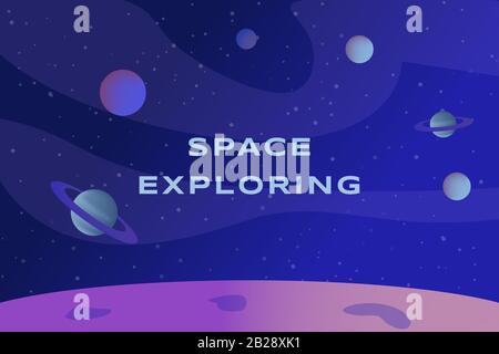 Raum, der das Design von Vektorbannern mit Textraum erforscht. Rosafarbene Planetenlandschaft, Oberfläche des Planeten mit Kratern, Sternen und Planeten im dunkelblauen Himmel. Konzept des kosmischen Hintergrunds. Stock Vektor