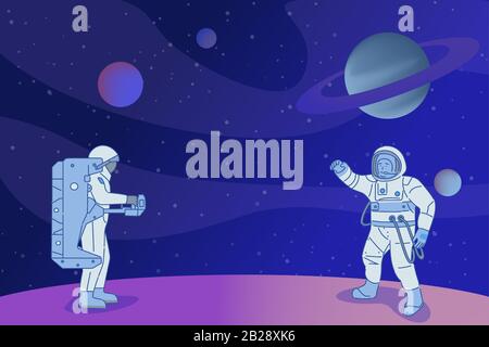 Zwei Astronauten in Raumräumen mit Raumausrüstung, die auf dem Planeten oder Stern stehen und Weltraumforschung durchführen. Kosmonauten im offenen Raum, Männer in der Galaxie, kosmische Wissenschaft Bannerdesign. Stock Vektor