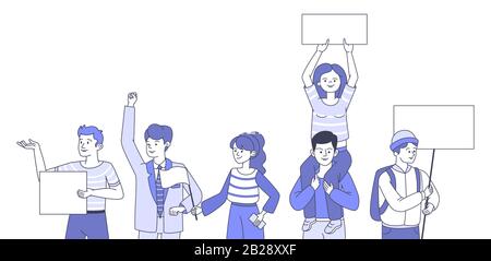 Gruppe junger Menschen mit leeren Schildern während einer politischen Sitzung. Menschen, die an Social Movement Vector Cartoon Outline Illustration teilnehmen. Demonstration, Protest, Aktivismus, Wahlkonzept. Stock Vektor