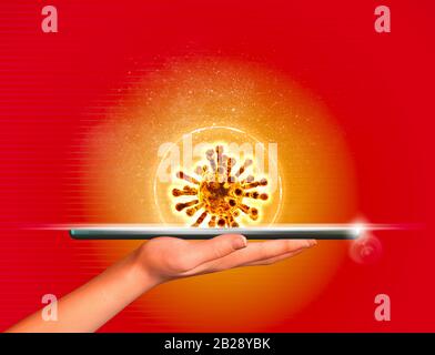 Hand mit Gerät, das Covid-19, Coronavirus, projiziert. HUD und Hologramme. Tablet, Angst vor Märkten und Technologie. Weltwirtschaftskrise. Virus Stockfoto