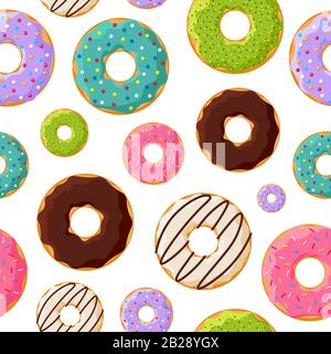 Bunte glasierte süße Donuts nahtloses Muster auf weißem Hintergrund. Vector Backwaren eps-Illustration Stock Vektor