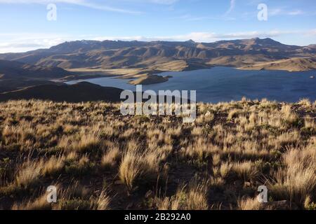 Laguna Miscanti in der Atacama-Wüste in Nord-Chile - dunkler tiefer azurblauer See, der vor der Bergkette und umgeben von gelbem Hochlandgras genannt wird Stockfoto