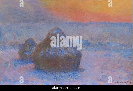 Stapel Weizen (Sonnenuntergang, Schneefekt) (1890) Gemälde von Claude Monet - Sehr hohe Auflösung und hochwertige Bilder Stockfoto
