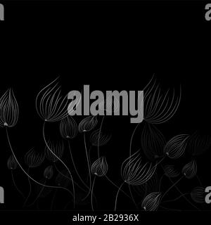 Löwenzahn auf schwarzem Hintergrund. Sommerwerk. Federschmuck. Frühlingsblüte. Fliegendes Löwenzahn. Stock Vektor