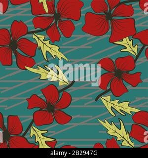 Rote Blumen für dekoratives Design. Vektor-Blumenmuster. Abstraktes, nahtloses Muster auf grünem Hintergrund. Textiles Druckdesign. Vektorblumen Stock Vektor