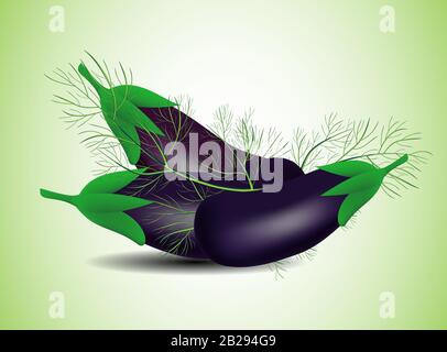 Rustikale Illustration. Veganes Abendessen. Grüner Bauernhof. Lila Aubergint. Gourmetküche. Stock Vektor