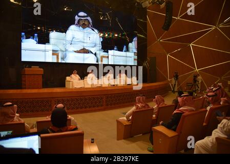 Riad. März 2020. Das am 1. März 2020 aufgenommene Foto zeigt, dass das Untersuchungskomitee für das Coronavirus in Saudi-Arabien eine Pressekonferenz in Riad abhält. Saudi-Arabien sagte am Sonntag, dass 25 Krankenhäuser für den Umgang mit neuartigen Coronavirus-Fällen gerüstet seien, die im Königreich nachgewiesen werden könnten. Credit: Tu Yifan/Xinhua/Alamy Live News Stockfoto