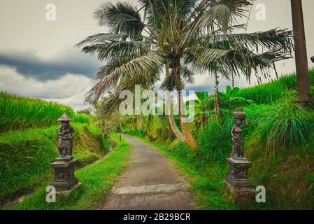 Denkmäler am Eingang zum balinesischen Reisfeld und Bauernhof in der Nähe des Jatiluwih-Nationalparks als UNESCO-Erbe auf Bali geschützt Stockfoto