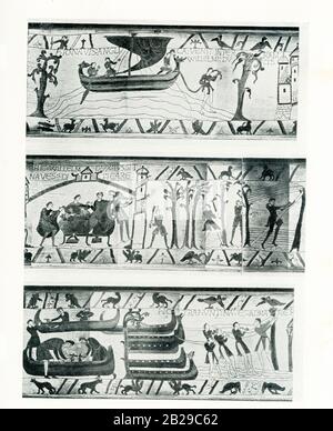 Der Teppich von Bayeux ist ein gesticktes Tuch, das fast 230 Fuß lang und 20 Zoll groß ist und die Ereignisse darstellt, die zur normannischen Eroberung Englands zwischen William, Herzog der Normandie und Harold, Earl of Wessex, später König von England, führten. Bei der Schlacht von Hastings 1066 besiegte William Harold. Es erzählt die Geschichte aus der Sicht der erobernden Normannen, ist aber nun in England vereinbart worden. An grobem Leinen gearbeitet, misst es 230 Fuß mal 20 Zoll. Sein Datum ist umstritten. Es befindet sich im Bayeux Museum in Bayeux, Frankreich. Hier in dieser Abbildung eines Abschnitts aus t dargestellt Stockfoto