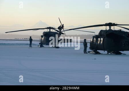 EIELSON LUFTWAFFENSTÜTZPUNKT, Alaska - Mit dem Mt. Hayes hoch am Horizont, Spc. Nathan MacDonald (links) und Sgt. Patrick Combs, beide UH-60 Blackhawk Crew Chefs für die 1/160. General Support Aviation Batallion der New Hampshire Army National Guard, stehen bei ihren Hubschraubern, während sie versuchen, sich während des Arctic Eagle 2020 am 26. Februar in der Nähe von Fairbanks, Alaska, in den Temperaturen unter Null zu erwärmen. Mit den US-amerikanischen nationalen Interessen und den Abt. der Verteidigungsaktivitäten in der Arktis, die sich auf die Sicherung, Verteidigung, Partnerschaft, Planung und Verbesserung der Kapazitäten konzentrieren, ermöglicht Arctic Eagle 2020 einen Teil Stockfoto