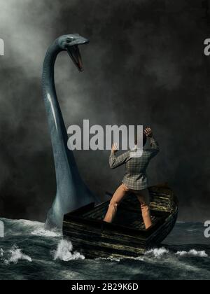 Inmitten von dunklem Nebel und rauem Wasser trifft ein Mann in einem alten Boot auf das berühmteste Kryptid, das Monster von Loch Ness. Stockfoto