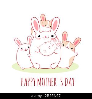 Froher Muttertag. Karte mit süßen Häschenfamilien - Mutter und ihre Babys. Isoliert auf weißem Hintergrund. Vektordarstellung EPS8 Stock Vektor