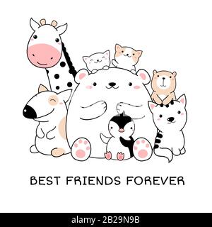 Beste Freunde für immer. Gruppe niedlicher Tiere im kawaiischen Stil. Isoliert auf weißem Hintergrund. Vektorgrafiken für das Design von T-Shirts, Postern, Drucken Stock Vektor