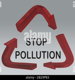 3D-Darstellung des TITELS "STOP POLLUTION" in einem Recycling-Symbol, das auf einem grauen Gradienten isoliert ist. Stockfoto