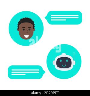 Roboter-Chatbot-Kopf-Symbol in der Sprechblase Gespräch mit Boy-Flat-Design-Vektorgrafiken isoliert auf weißem Hintergrund. Süße KI bot Hel Stock Vektor