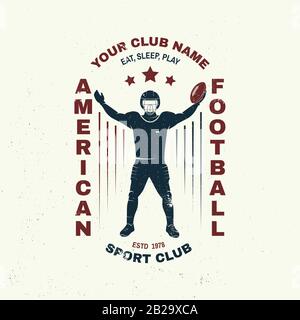 American Football- oder Rugby-Club-Abzeichen. Vektorgrafiken. Konzept für Hemd, Logo, Druck, Stempel, T-Shirt, Patch. Vintage-Typografie-Design mit american Football Sportsman Spieler mit Ballsilhouette Stock Vektor