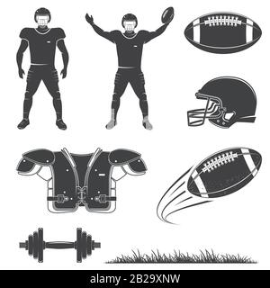 American Football Icons Kollektion. Vektorgrafiken. Zu den Geräten des american Football gehören Fußballspieler, Helm, Ball und Schulterpolster Stock Vektor