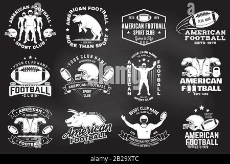 Satz American Football- oder Rugby-Club-Abzeichen. Vektor für Hemd, Logo, Druck, Stempel, T-Shirt, Patch. Vintage-Design mit Stier, american Football Sportsman Spieler, Helm, Ball und Schulterpolster Silhouette Stock Vektor