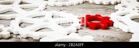 Red Leader Zahnräder Panoramablick auf das Konzept. 3D-Rendering Stockfoto