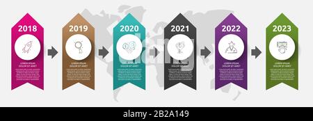 Infografiken für Vektorbanner. Pfeil Business Concept mit 6 Optionen und Schritten. Sechs Schritte können für Diagramme, Flussdiagramme, Zeitpläne und Geschäftsberichte verwendet werden Stock Vektor