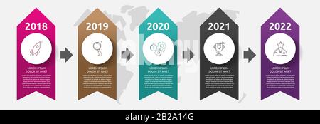 Infografiken für Vektorbanner. Pfeil Business Concept mit 5 Optionen und Schritten. Fünf Schritte können für Diagramme, Flussdiagramme, Zeitpläne und Geschäftsberichte verwendet werden Stock Vektor