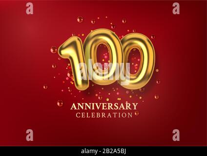 100-Jahr-Feier. Zahl in Form goldener Ballons. Realistische 3D-Goldnummern und funkelnde Konfetti, Glitter. Horizontale Vorlage Stock Vektor